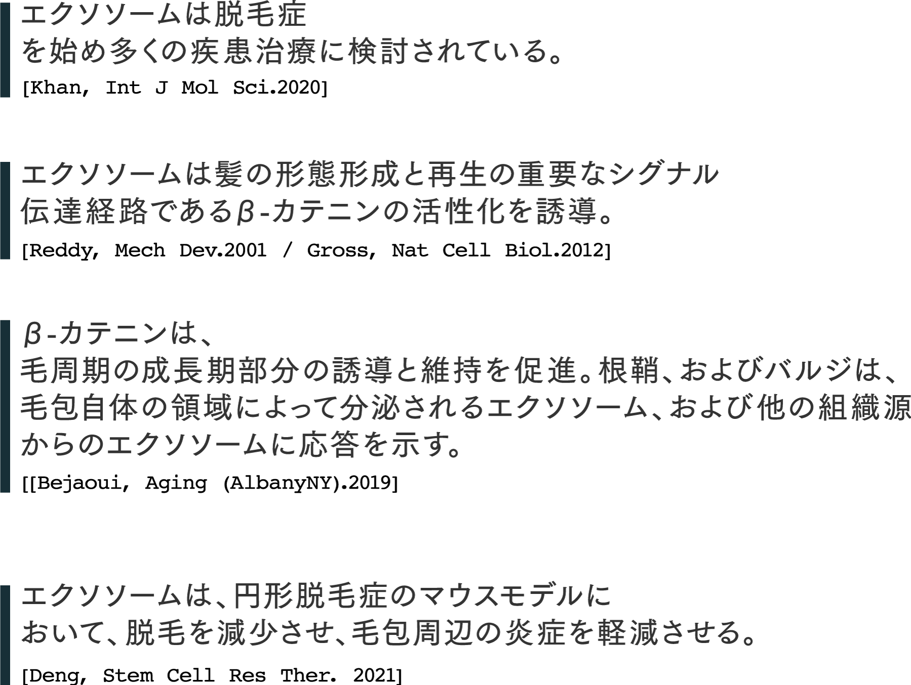 エクソソームは、円形脱毛症のマウスモデルにおいて、脱毛を減少させ、毛包周辺の炎症を軽減させる。β-カテニンは、毛周期の成長期部分の誘導と維持を促進。根鞘、およびバルジは、毛包自体の領域によって分泌されるエクソソーム、および他の組織源からのエクソソームに応答を示す。　エクソソームは髪の形態形成と再生の重要なシグナル伝達経路であるβ-カテニンの活性化を誘導。エクソソームは脱毛症を始め多くの疾患治療に検討されている。